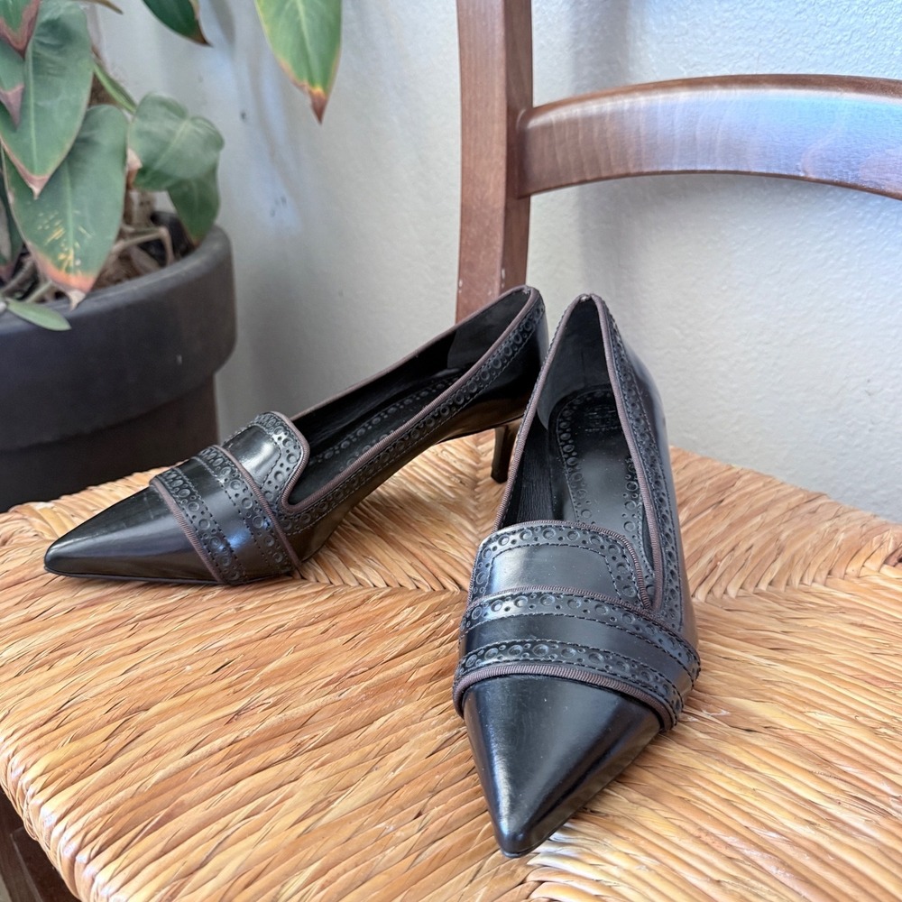 Tory Burch Black Leather Brogue Pointed Toe Kitten Heel Loafer Pumps Size 7M